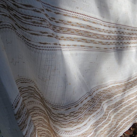 Long retro loose weave net curtains -white w/ brown/taupe/ecru textured banding - Picture 12 of 16